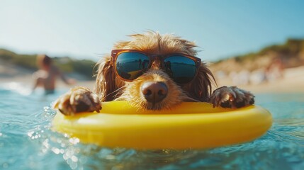 Dog in sunglasses floats on yellow ring in ocean water. Perfect for summer, pet, and vacation themes.