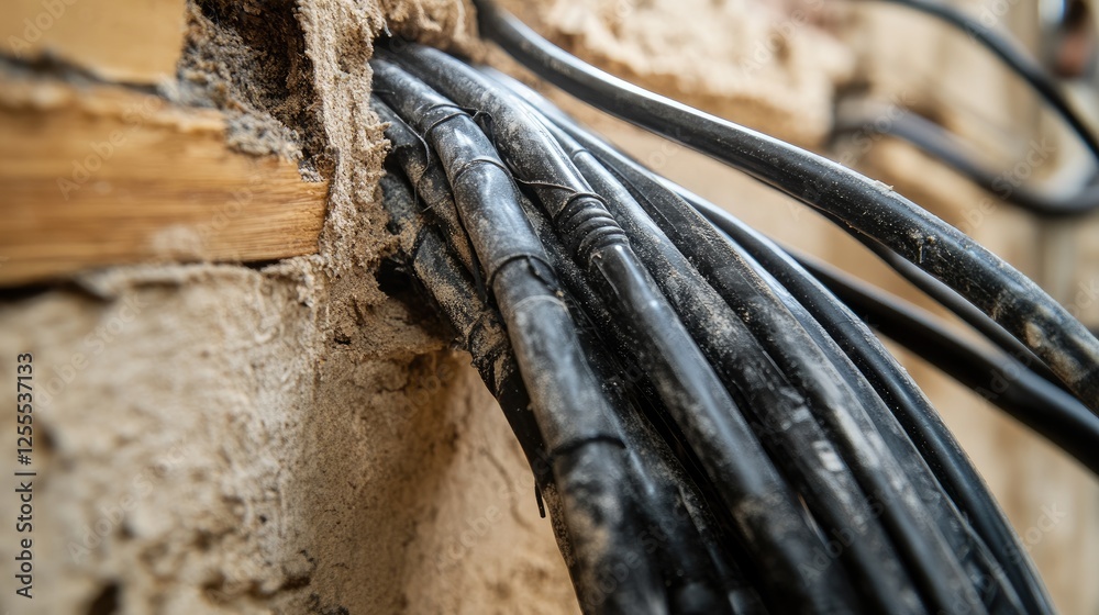 Poster a detailed view of insulated wires, neatly bundled with black electrical tape, running through a hol