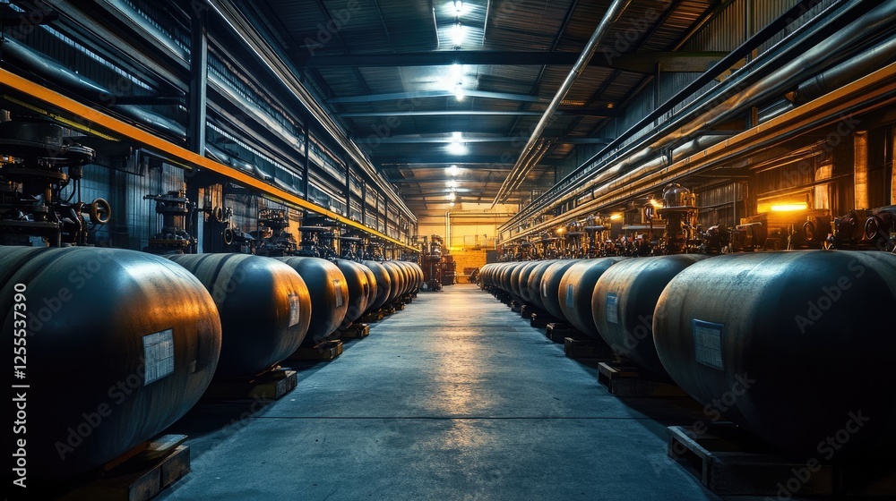 Poster a detailed view of large compressed gas tanks in a factory, arranged in perfect symmetry under harsh