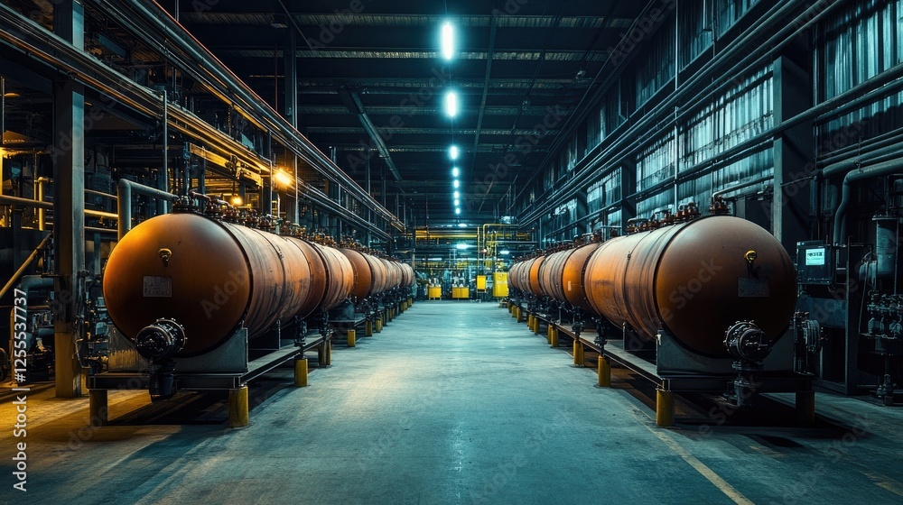 Poster a detailed view of large compressed gas tanks in a factory, arranged in perfect symmetry under harsh