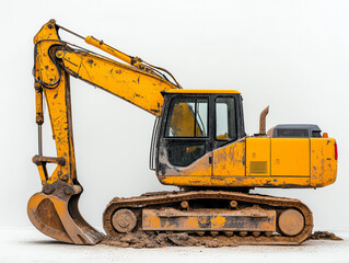 The images show heavy-duty yellow excavators with tracked undercarriages and hydraulic arms, covered in dirt and wear from construction work.