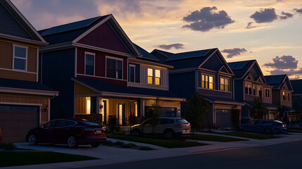 Obraz premium Sustainable neighborhood featuring a row of houses with colorful tulips in a vibrant community setting
