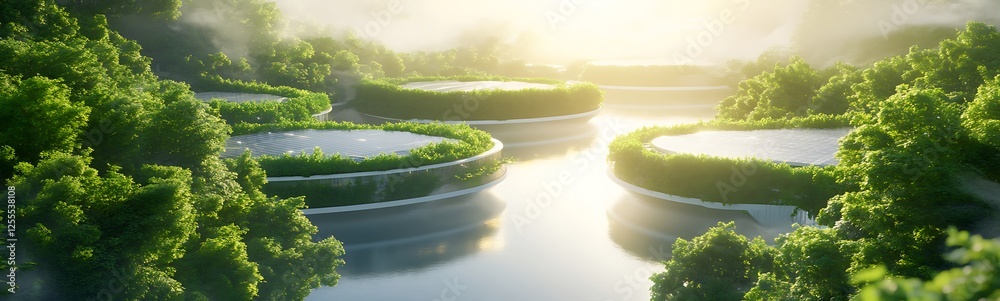 Poster a serene landscape featuring lush greenery and tranquil waters, illuminated by soft sunlight, creati