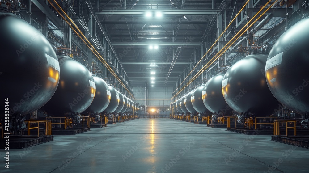 Aufkleber a detailed view of large compressed gas tanks in a factory, arranged in perfect symmetry under harsh