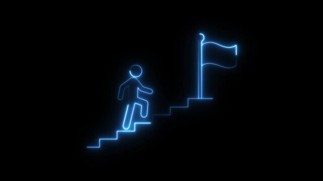 a person climbing stairs animation. Career Pathways Line Icon motion. people with flag 4k video footage.