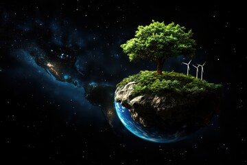 Floating Island with Tree and Wind Turbines in Cosmic Environment
