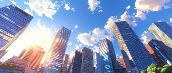 Pixel Art Cityscape at Sunset: Low Angle View of Skyscrapers