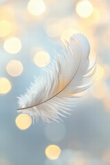 Naklejka premium Soft White Feather Floating Above Soft Golden Bokeh Background