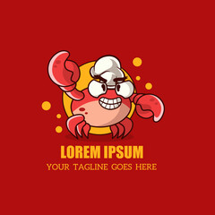 Red Crab Seafood Restaurant Vector Logo Illustration. Cartoon character red crab chef.