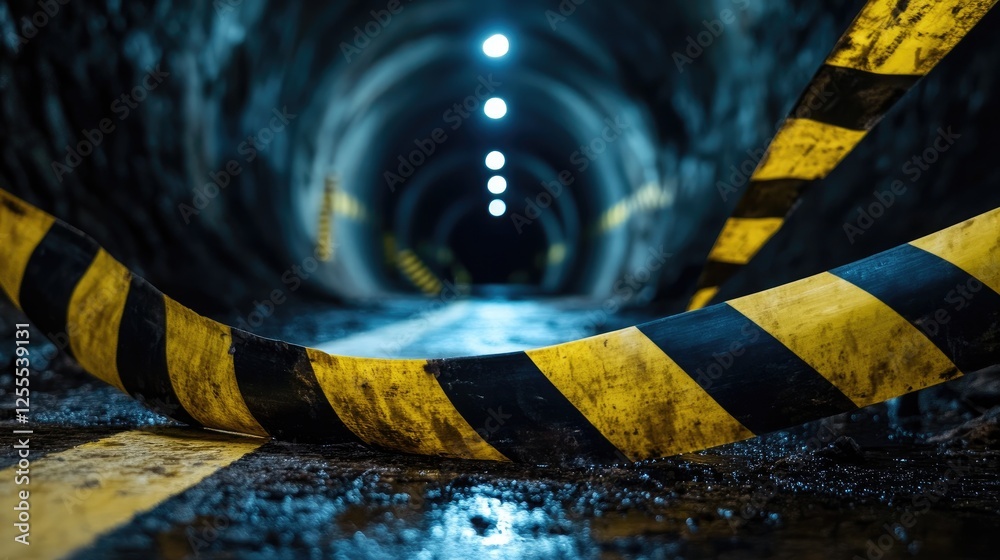 Poster a dramatic image of yellow and black barricade tape blocking a tunnel entrance, creating a tense, my