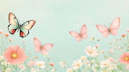 A serene landscape featuring colorful butterflies among blooming flowers under a soft sky.