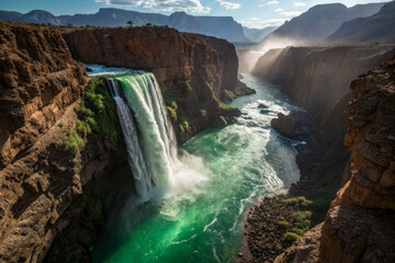 Majestic waterfall cascading into vibrant turquoise river in canyon