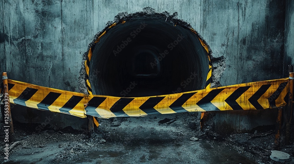 Poster a dramatic image of yellow and black barricade tape blocking a tunnel entrance, creating a tense, my