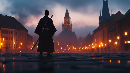 クラクフの中世都市に立つ侍&mdash;伝統と威厳の影