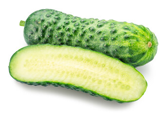 Cucumber and cucumber in longitudinal cut isolated on white background. File contains clipping path.
