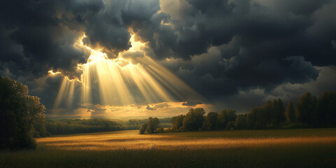 A dramatic, stormy sky with rays of sunlight breaking through the clouds over an open field