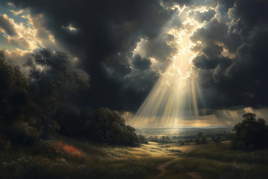 A dramatic, stormy sky with rays of sunlight breaking through the clouds over an open field