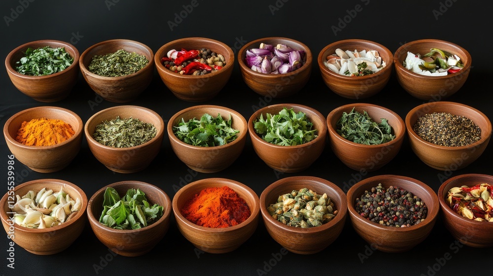 Poster a dynamic and colorful collection of herbs and spices in bowls, arranged for a beautiful and vibrant