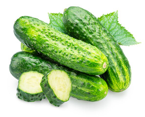 Cucumbers with green leaves isolated on white background. File contains clipping path.