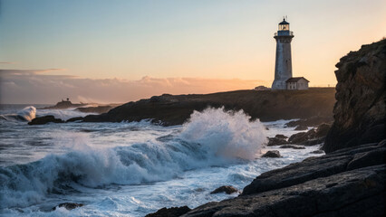 Fototapeta premium Lighthouse on rocky coast with crashing waves at sunset