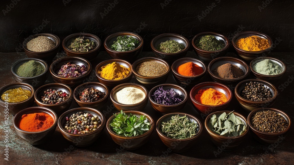 Poster a dynamic and colorful collection of herbs and spices in bowls, arranged for a beautiful and vibrant