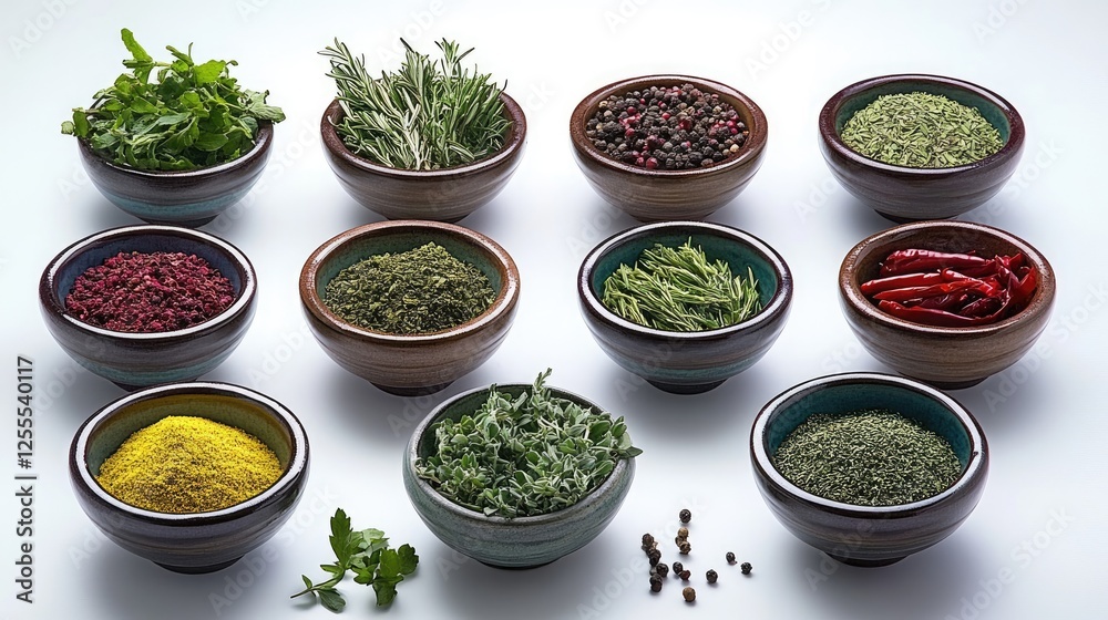 Poster a dynamic and colorful collection of herbs and spices in bowls, arranged for a beautiful and vibrant