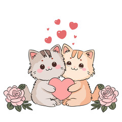 This illustration is in a cute (kawaii) style, depicting two cats sitting close together. One cat is gray with dark stripes, while the other is orange with light stripes. Both have gentle expressions,
