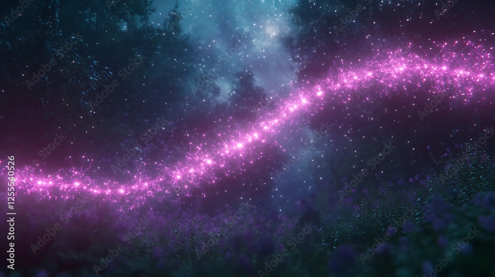 Poster a magical, glowing pink trail sparkles through a dark forest, surrounded by ethereal blue hues and s