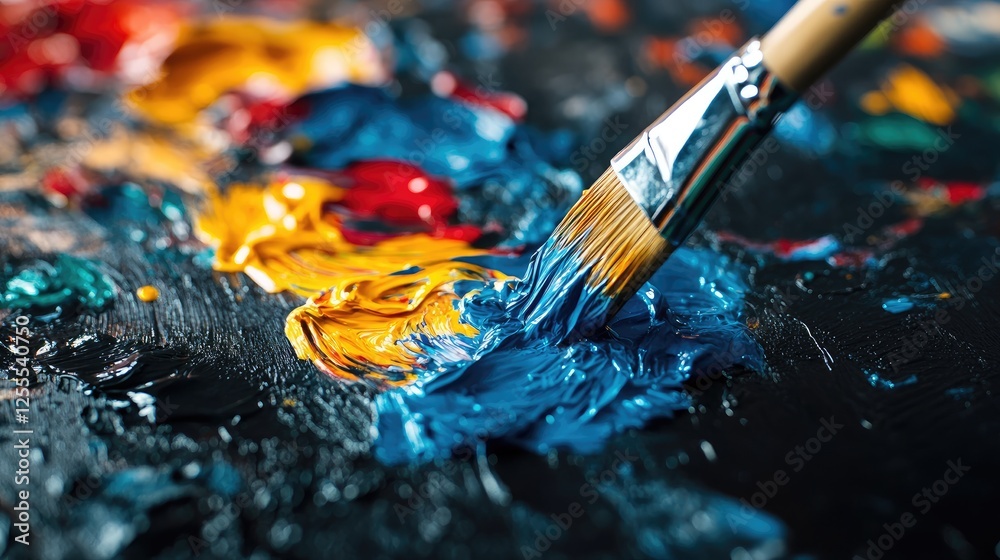 Aufkleber A dynamic shot of colorful paint dripping from a brush onto a glossy black surface, creating an explosion of color and artistic movement