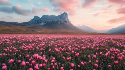 Obraz premium Vast pink flower field before majestic mountains at sunset. Perfect for travel, nature, and serenity themes, evokes peace and beauty.