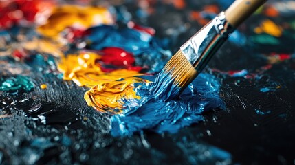 Fototapeta premium A dynamic shot of colorful paint dripping from a brush onto a glossy black surface, creating an explosion of color and artistic movement