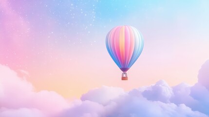 Fototapeta premium A vibrant hot air balloon floats above colorful clouds in a serene sky.