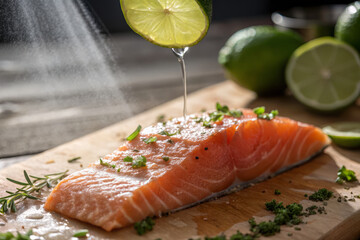 Fresh salmon fillet with lime juice and herbs on wooden board