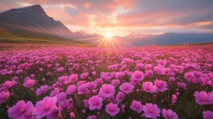 Obraz premium Vast field of pink cosmos flowers at sunrise, majestic mountains in background. Perfect for illustrating peace, tranquility, and the beauty of nature.