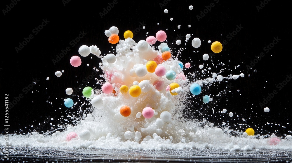 Aufkleber A dynamic shot of vivid Styrofoam mini balls exploding outward, with motion blur creating depth and energy as they scatter through the air