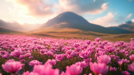 Fototapeta premium Vast field of pink flowers at sunset, mountains in background. Perfect for spring, nature, and peaceful themes, evokes serenity and beauty.