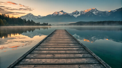 wooden pier extends into tranquil lake with misty mountains