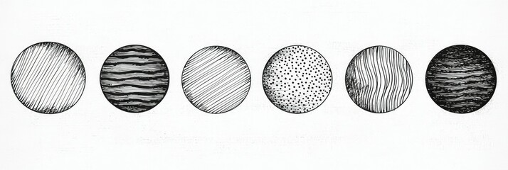 Six Oval Shapes Displaying Various Hatching Techniques