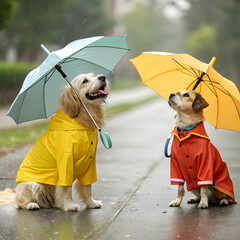 funny dogs in raincoats and with umbrellas outdoor