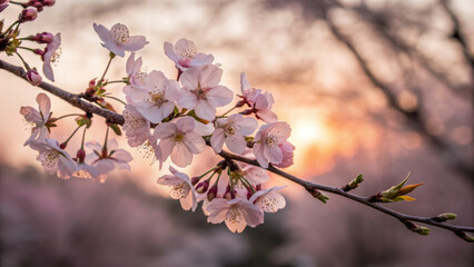 Obraz premium Cherry blossoms in full bloom at sunset, creating serene atmosphere