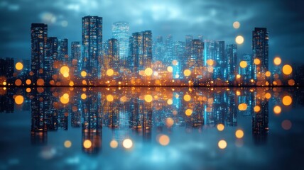 Neon city skyline reflected in digital water glow urban landscape nighttime vibrant colors