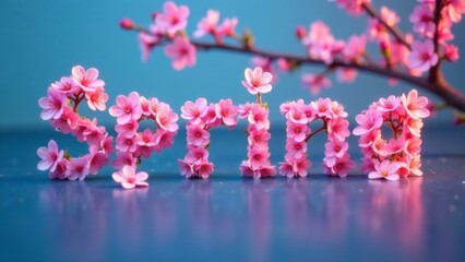 illuminated cherry blossom typography forming the word spring on a reflective blue surface with glowing petals and delicate flowers, concept of seasonal advertising, floral design, greeting cards