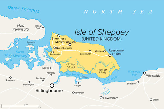 Isle of Sheppey, political map. Island off the northern coast of England, neighbouring the Thames. Over the time the channels between Sheppey, Elmley and Harty silted up to form one contiguous island.
