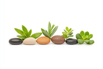 A serene arrangement of pebbles and green plants on a white background