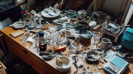Messy Artist's Workspace: A chaotic scene of creative disorder.