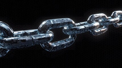 A close-up of a metallic chain with a glossy surface, reflecting light and appearing to be made of steel or another strong metal. The chain is against a dark background.