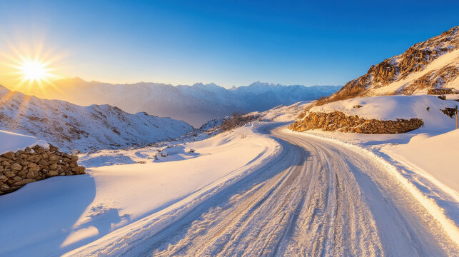 Gravel road in the mountains with sky background