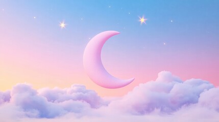 Serene sky with a crescent moon surrounded by fluffy clouds and twinkling stars.