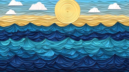 Colorful Paper Art of Waves and Sun in a Playful Ocean Setting