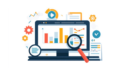 Illustration of a computer screen displaying data and analytics with magnifying glass